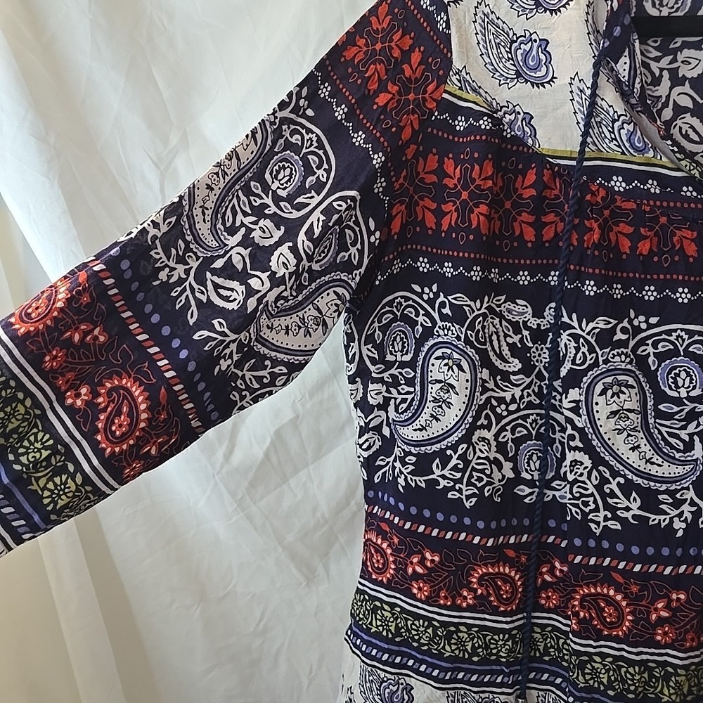 Roper Women's Long Sleeve V-neck 1/2 Button-Up Tassel Paisley Boho Peasant Top L - Picture 5 of 16